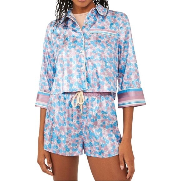 Free People Intimately Pillow Talk Satin Short Pajamas in Cool Lavender Combo - Picture 1 of 9